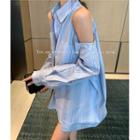 Striped Cold-shoulder Long-sleeve Shirt Blue - One Size