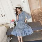 Floral Print Elbow-sleeve A-line Dress Blue - Xl