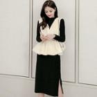 Set: Long-sleeve Midi Knit Dress + Furry Vest