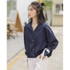 Contrast Stitching Long-sleeve Tie-cuff Blouse Blue - One Size