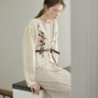 Flower-embroidery Crochet Cardigan Light Beige - One Size