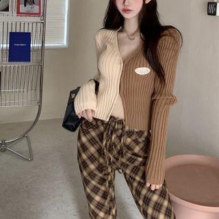 Two-tone Ribbed Cardigan / Plaid Wide Leg Pants