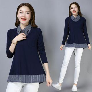 Striped Panel Long-sleeve Mock Two-piece T Shirt