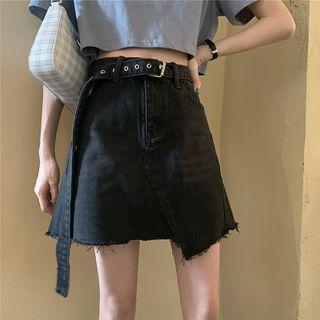 Belted Asymmetric-hem Denim Skirt