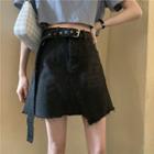 Belted Asymmetric-hem Denim Skirt