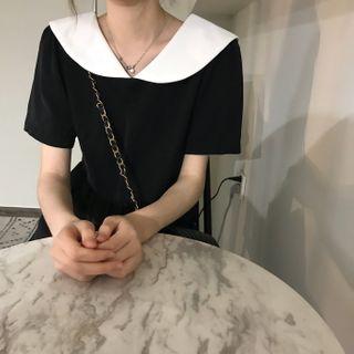 Short-sleeve Collared A-line Dress As Shown In Figure - One Size