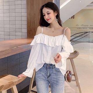 Ruffle Trim Off-shoulder Plain Chiffon Top