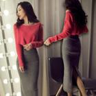 Set: Long-sleeve Crop Top + Midi Fitted Skirt