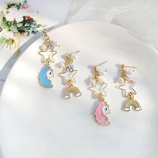 Non-matching Faux Pearl Unicorn Drop Earring / Clip-on Earring