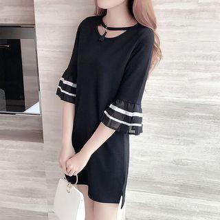 Tasseled Cut Out Front Striped 3/4 Sleeve Dress