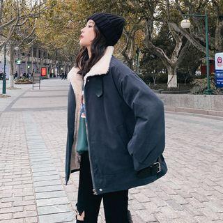 Buckled Collar Faux Shearling Zip Jacket