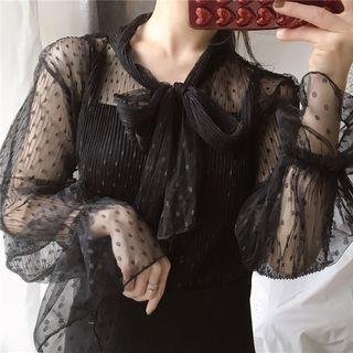 Bow-detail Dotted Mesh Long-sleeve Top
