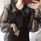 Bow-detail Dotted Mesh Long-sleeve Top