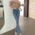Off-shoulder Crop Blouse / Mid Rise Washed Bootcut Jeans