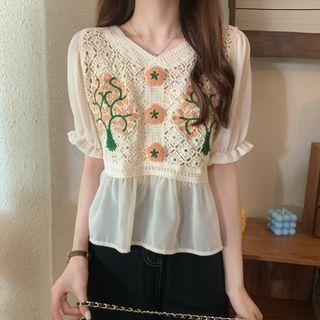 Bell-sleeve Crochet Panel Chiffon Top