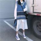Striped Knit Vest / Long-sleeve Plain Shirt / High-waist Plain Skirt