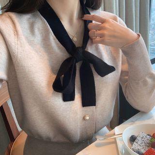 Two-tone Tie-neck Knit Cardigan