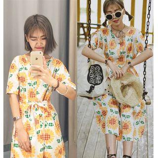 Flower Print Short-sleeve Midi Dress
