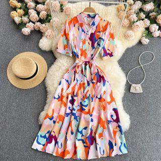 Short-sleeve Tie-waist Abstract Print Midi A-line Shirtdress