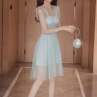 Sleeveless Faux Pearl Mesh Midi A-line Dress