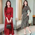 3/4-sleeve Printed Midi A-line Chiffon Dress