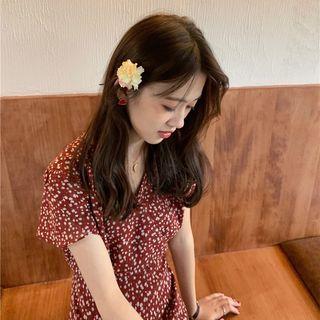 Floral Short-sleeve Dress Red - One Size