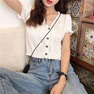Plain V-neck Perforated Short-sleeve Knit Top