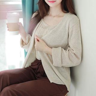 Set: Wide-sleeve Cardigan + Cable-knit Top