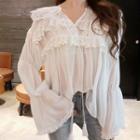 Bell-sleeve Lace Trim Blouse White - One Size