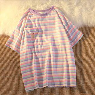 Short-sleeve Pig Embroidered Striped T-shirt