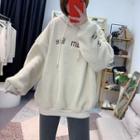 Letter Embroidered Fleece Hoodie Almond - One Size