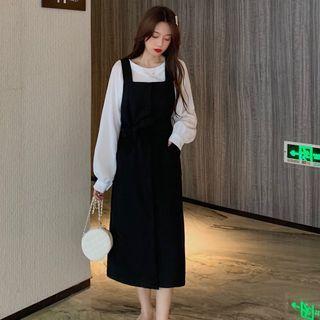 Set: Long-sleeve Top / Midi A-line Pinafore Dress