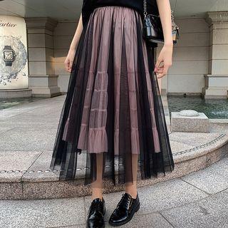 Two-tone Midi A-line Mesh Skirt