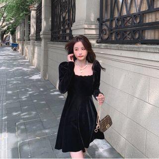 Square-neck Velvet Mini A-line Dress