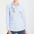 Floral Embroidered Long-sleeved Striped Open-front Blouse