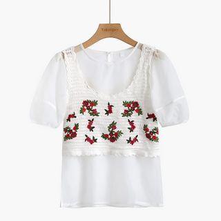 Set: Short-sleeve Blouse + Embroidered Knit Top White - One Size