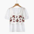 Set: Short-sleeve Blouse + Embroidered Knit Top White - One Size
