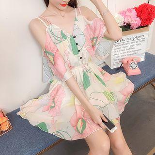Cut-out Shoulder Elbow-sleeve A-line Dress