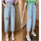 High-waist Ripped Straight-cut Jeans With Belt