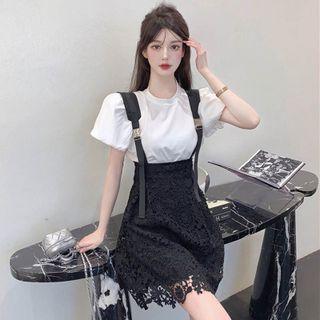 Puff-sleeve T-shirt / Buckled Lace Mini Pencil Suspender Skirt