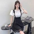 Puff-sleeve T-shirt / Buckled Lace Mini Pencil Suspender Skirt