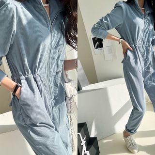 Drawstring-waist Zip-up Corduroy Jumpsuit Sky Blue - One Size