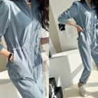 Drawstring-waist Zip-up Corduroy Jumpsuit Sky Blue - One Size