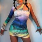 Long-sleeve One-shoulder Print Mini Bodycon Dress