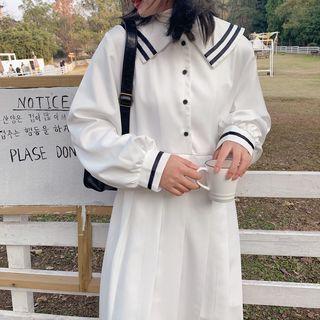 Lantern-sleeve Midi Pleated Dress White - One Size