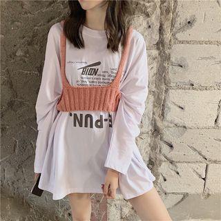 Long-sleeve Lettering T-shirt / Sleeveless Cropped Knit Top