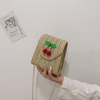 Cherry Accent Straw Trapezoid Crossbody Bag