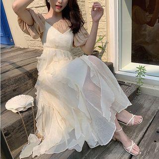 Sleeveless Plain Chiffon Off-shoulder High-waist Midi Dress