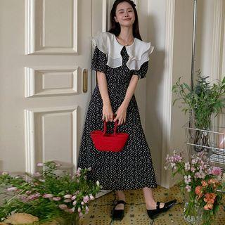 Elbow-sleeve Collar Floral Midi A-line Dress White Floral - Black - One Size