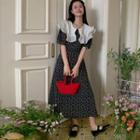 Elbow-sleeve Collar Floral Midi A-line Dress White Floral - Black - One Size